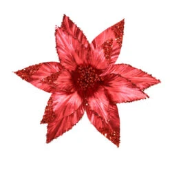 Ice Red Metallic Poinsettia On Clip - 33cm