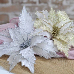 White Poinsettia With Silver Glitter - 36cm -Santa Decorate Shop TG203215 WHITE GLITTERED MESH POINSTTIA STYLED 53928.1659179999