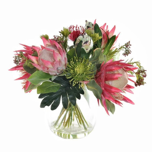Protea King Leuca Mix In Vase Fushia Green - 46cm 3 Protea King Leuca Mix In Vase Fushia Green - 46cm