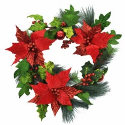 Red Poinsettia With Holly Christmas Wreath - 50cm