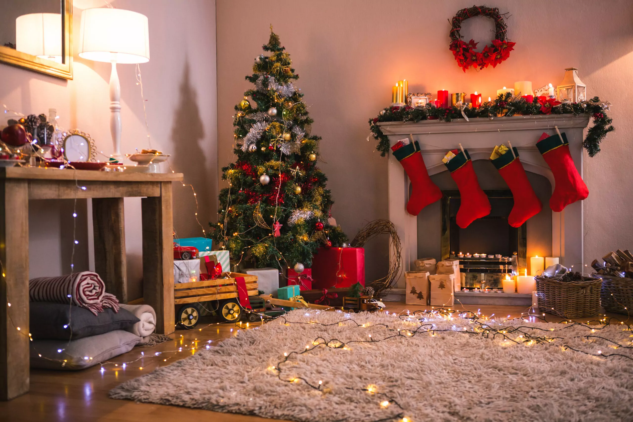 Santa Decorate Shop -Santa Decorate Shop living room with fireplace christmas tree scaled 1